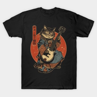 Samurai Cat Playing The Electric Guitar T-Shirt